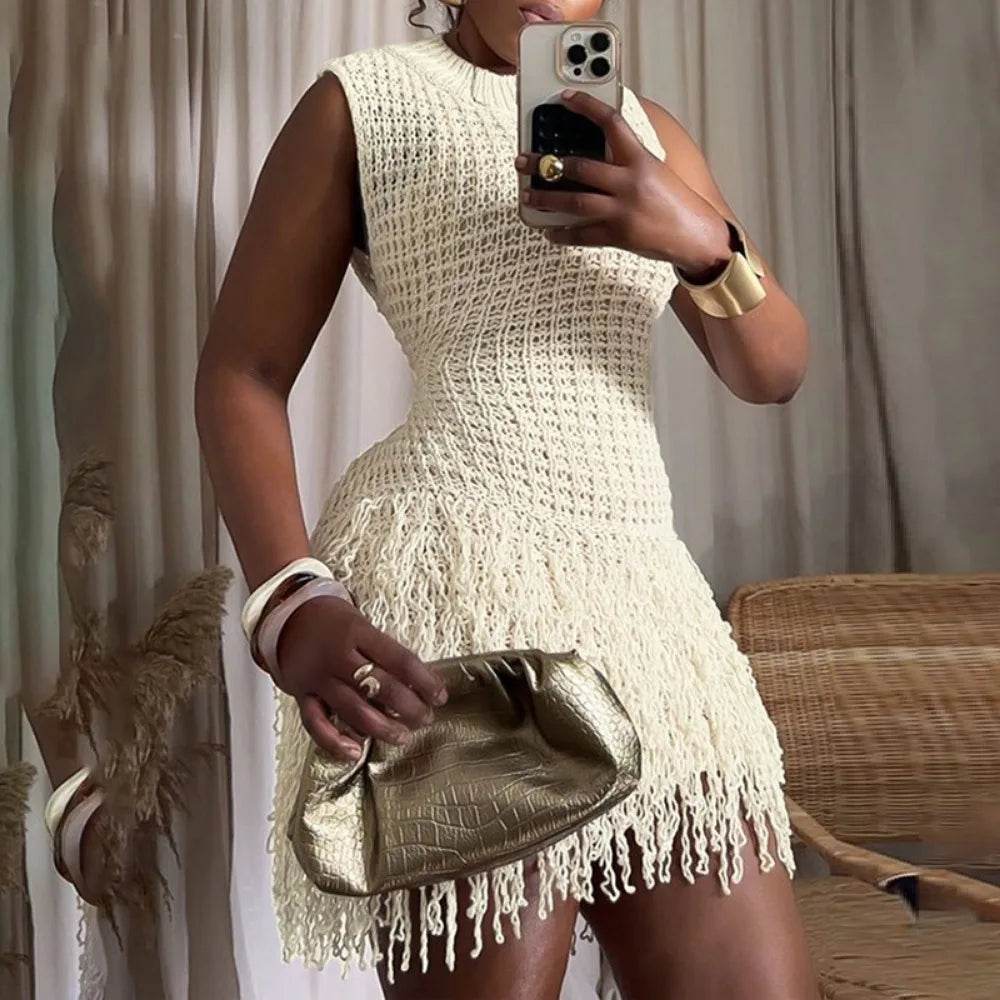 Tassel Hollow Out Mini Dress - Slim Elegant - P12 Hub Europe