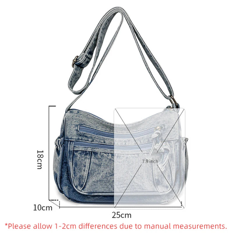 Women Retro Travel Sling Shoulder Bag Casual Washed Denim Commuting Crossbody Bag Female Shopping Tote Handbags Large Day Pack