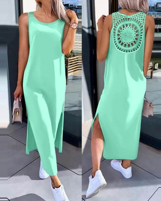 Casual Hollow-Out Slit Midi Dress Sleeveless Round Neck - P12 Hub Europe
