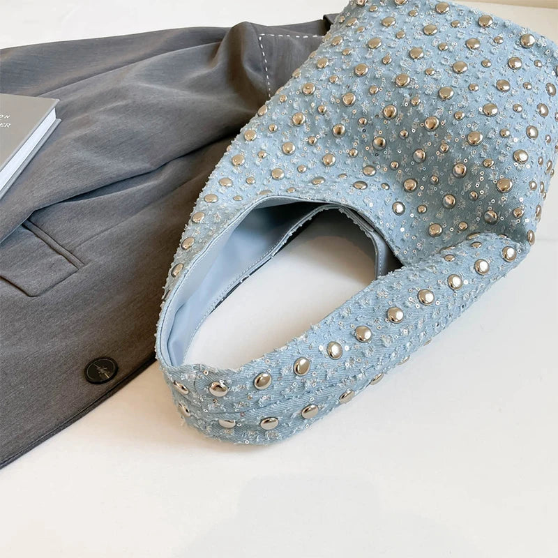 Denim Sequin Rivet Underarm Shoulder Bag,Vintage Metal Stud Motorcycle Style Handbag,Designer Blue Chic Women Bucket Tote Bags