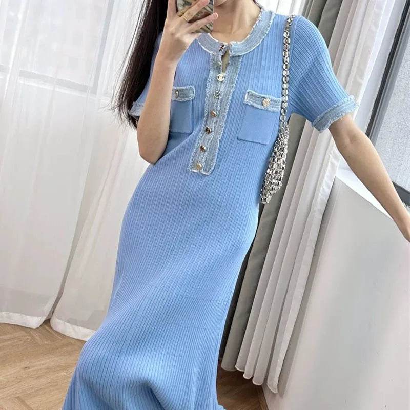 Talenza V-Neck Maxi Dress - Denim Patchwork Office Style - P12 Hub Europe