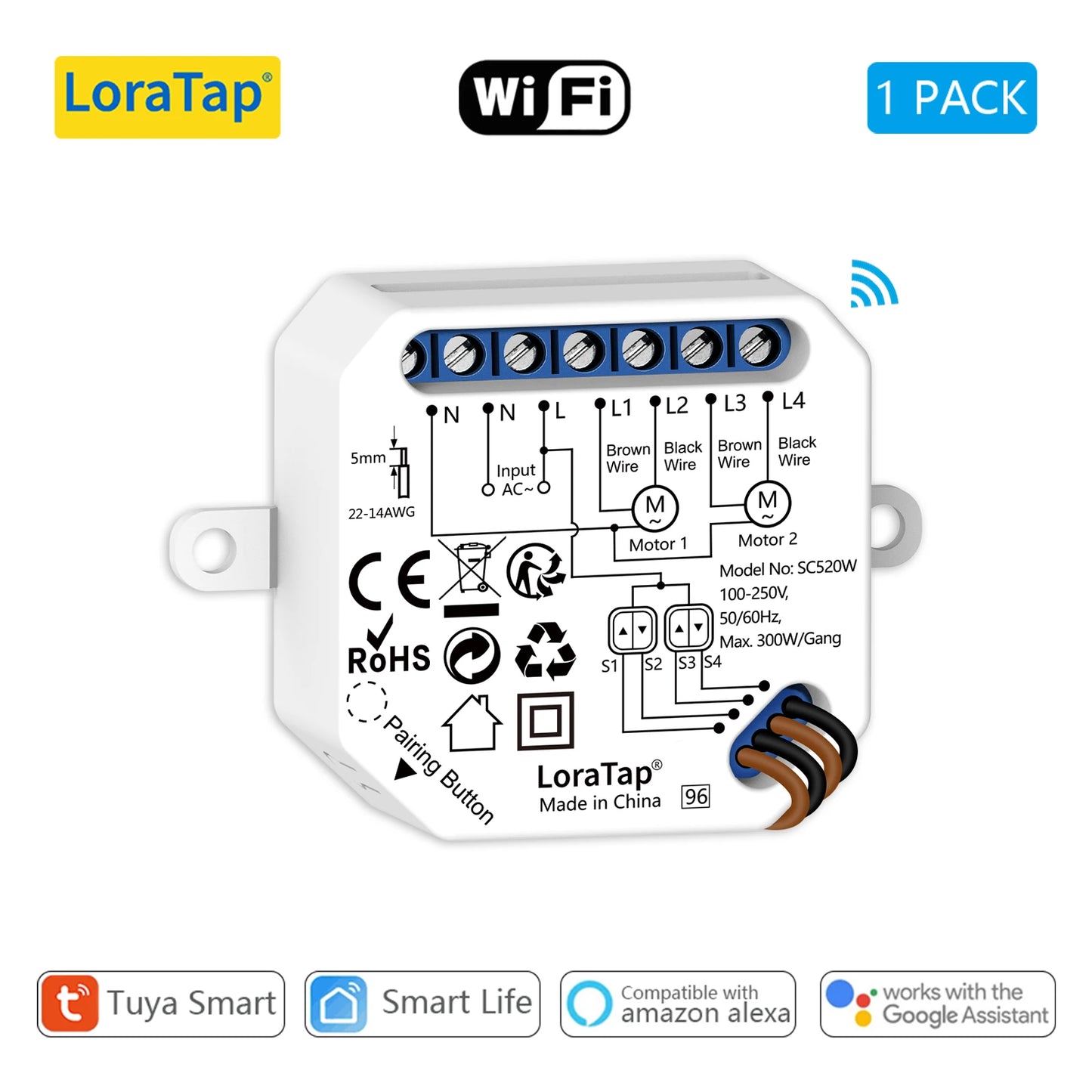 LoraTap Tuya Smart Life Double Curtain Blinds Switch Module for Roller Shutter Electric Motor Voice Control by Google Home Alexa