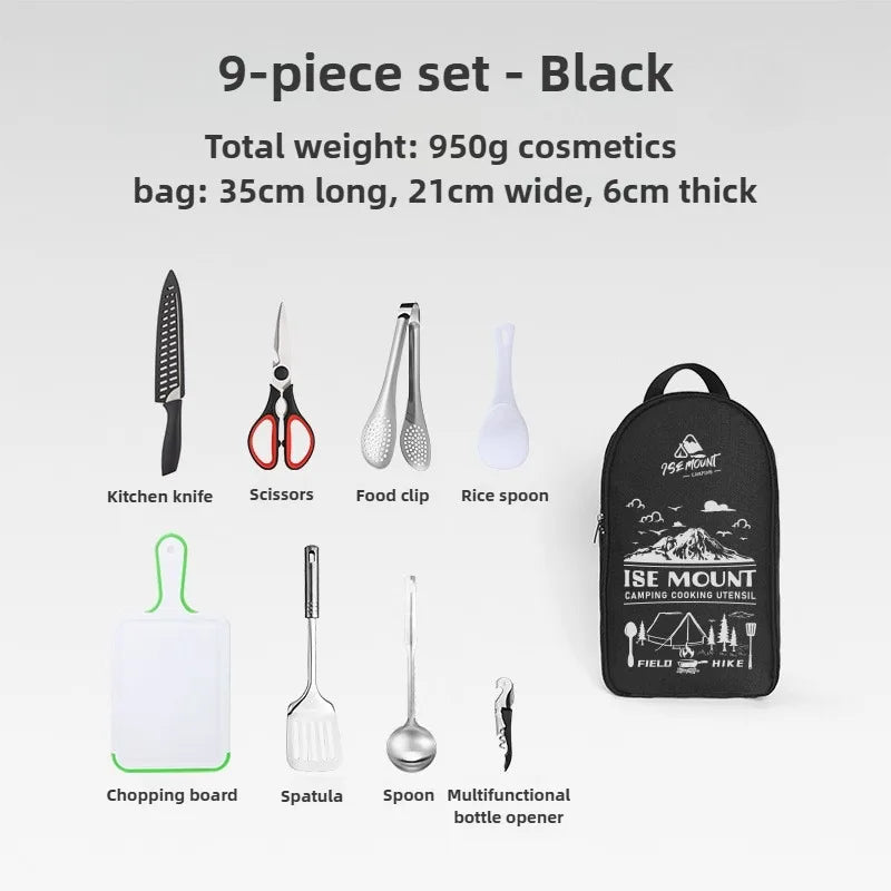 ISE MOUNT Camping Kitchen Cookware Set Travel Utensils Set 9pcs Stainless Steel Kitchenware for Backpacking BBQ Camping Picnic