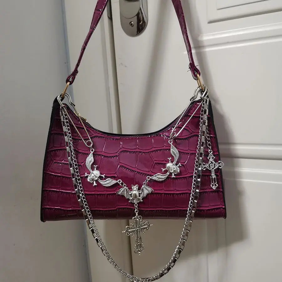 HAEX Y2K Harajuku Women's Bag 2024 Trend Gothic Skull Chains Handbags Female High Street Punk Cross Ladies Shoulder Bags