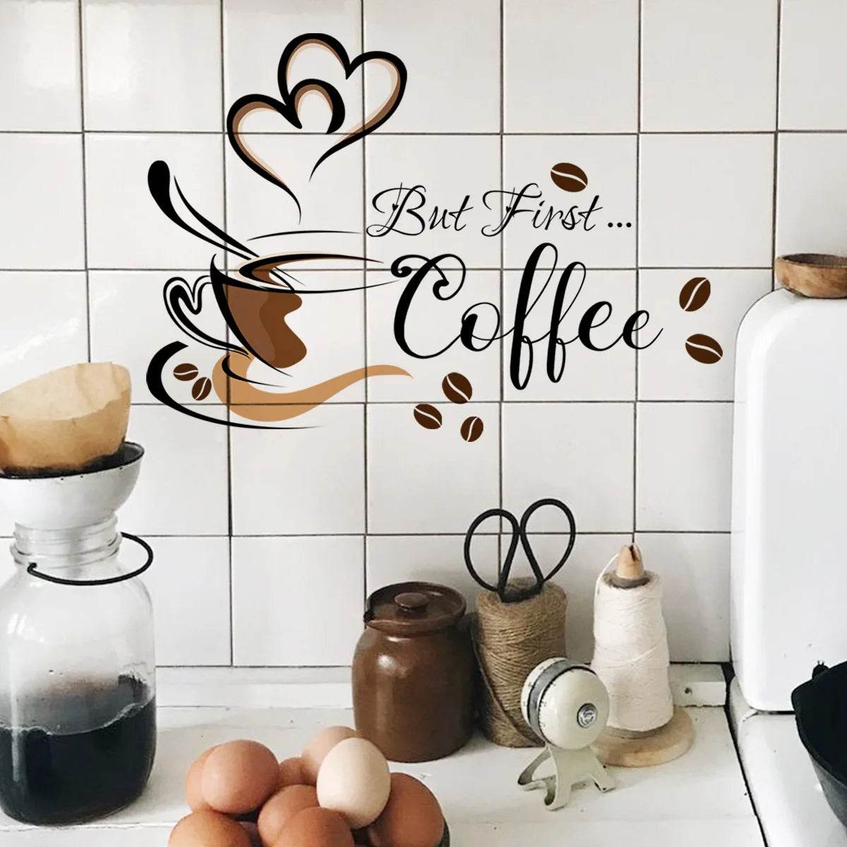 Coffee Cup Pattern Wall Stickers DIY Cafe Restaurant Living Room Home Decoration Self-adhesive Hand Carved Kitchen Wallpaper - P12 Hub Europe