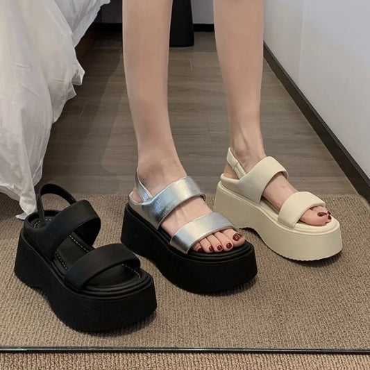 Summer 2025 Chunky Sandals Women's Wedge Heels Slides 8CM High Heels Leather Casual Woman Beach Thick Bottom Flip Flops