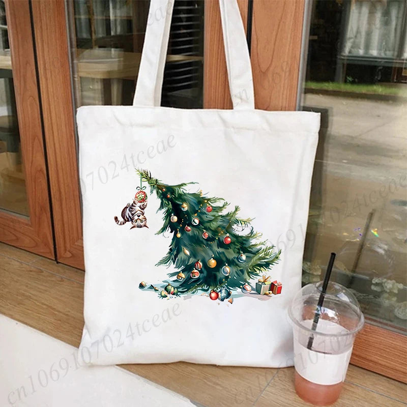 Black Cats Christmas Printed Shopping Bag Cartoon Canvas Tote Bag Eco Bag for Women Black Cats Christmas Reusable Tote Handbags