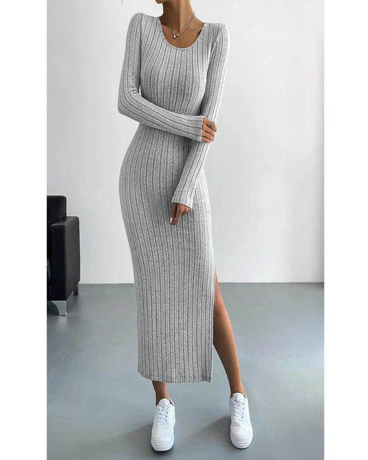 Stripe Knit Maxi Dress Split U-Neck Casual - P12 Hub Europe