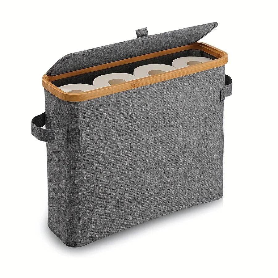 Bamboo toilet paper holder with lid - Self-contained bathroom organizer with handle, enclosed tissue storage box - P12 Hub Europe