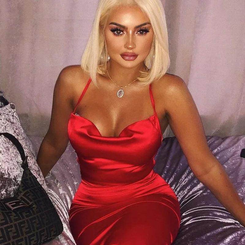 Neon Satin Lace Up Midi Dress Sexy Backless Party - P12 Hub Europe