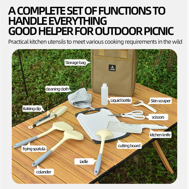 LTHW Outdoor cooking portable set; camping utensils; equipment supplies; camping cookware storage bag; barbecue tools.