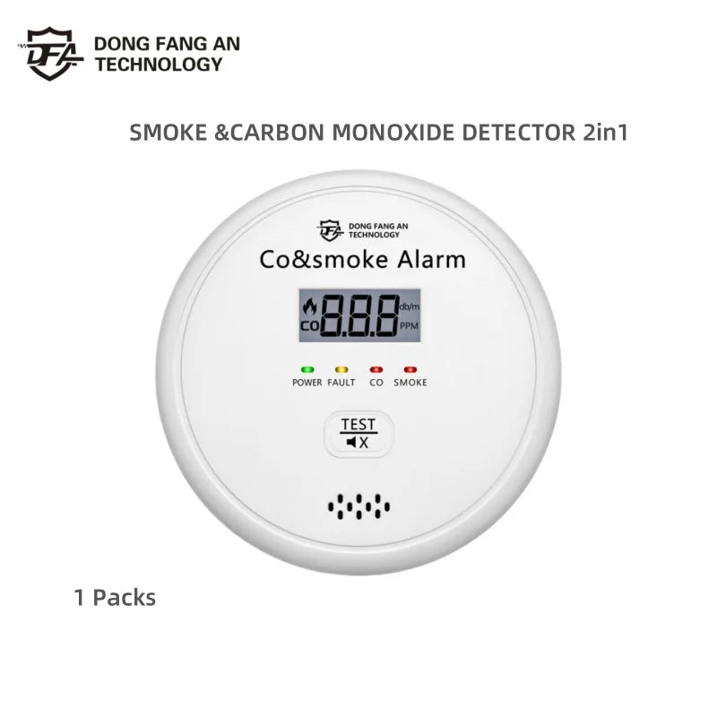 DFA 2 in 1 Standalone Smart Co & Smoke Detector Alarm Carbon Monoxide Parlor Room Kitchen Shop Fire 85 dB Sound Sensor Alert