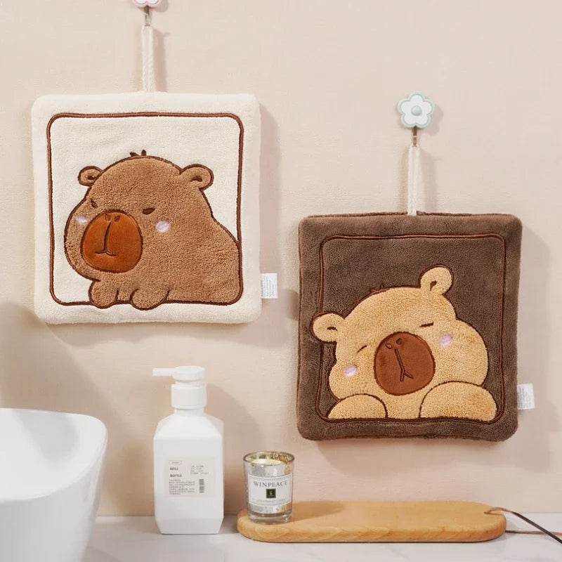 Kawaii Kapibara Hand Towel Thickened Coral Fleece Embroidered Towels Cute Hand Cloth Kitchen Children's Handkerchief Towel - P12 Hub Europe