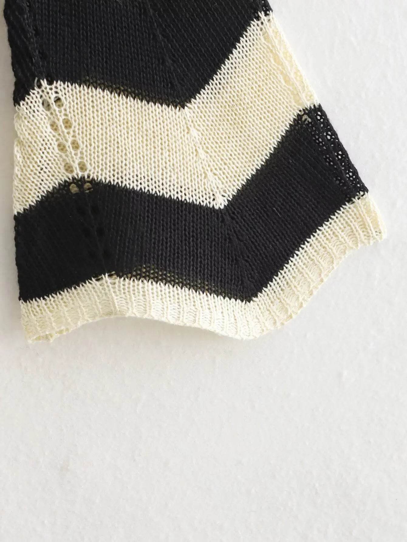 Hollow Out Lace Up Knit Dress - Contrast Stripes V-Neck - P12 Hub Europe