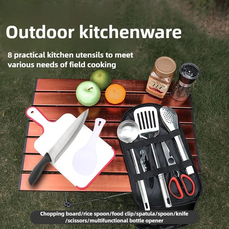 ISE MOUNT Camping Kitchen Cookware Set Travel Utensils Set 9pcs Stainless Steel Kitchenware for Backpacking BBQ Camping Picnic