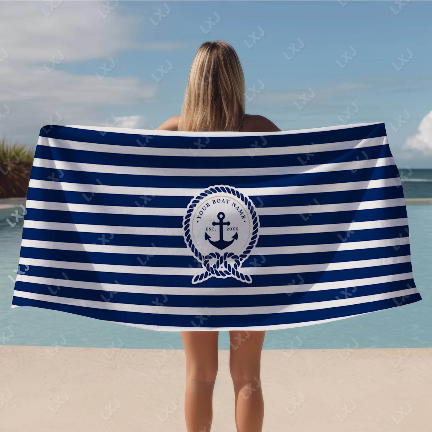 Personalized Custom Boat Name Beach Towel Nautical Striped Bath Towel for Adults Soft Quick Dry Perfect for Travel and Pool - P12 Hub Europe
