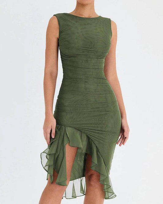 Elegant Ruffle Ruched Midi Dress Sleeveless Slim - P12 Hub Europe