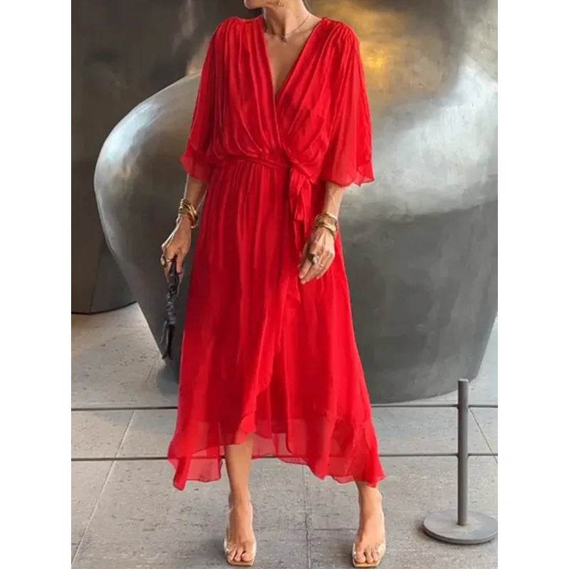 V-Neck Bat Sleeve Dress - Strappy Irregular Summer Style - P12 Hub Europe