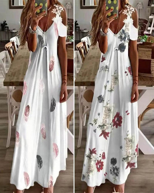 Feather Print Lace Sling Maxi Dress - Loose A-Line Summer Style - P12 Hub Europe