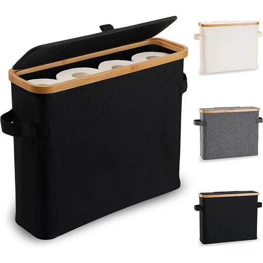 Bamboo toilet paper holder with lid - Self-contained bathroom organizer with handle, enclosed tissue storage box - P12 Hub Europe