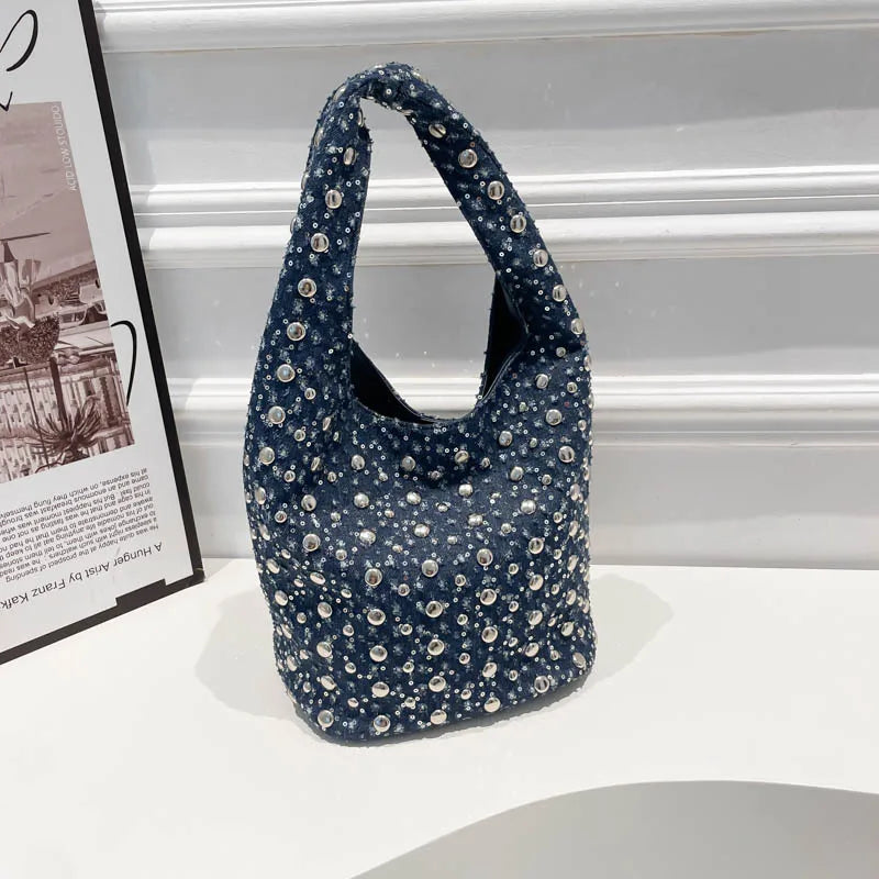 Denim Sequin Rivet Underarm Shoulder Bag,Vintage Metal Stud Motorcycle Style Handbag,Designer Blue Chic Women Bucket Tote Bags