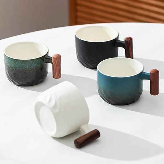 Creative Handmade Vintage Coffee Cup with Wooden Handle Ceramic Exquisite Retro Tea Mugs Gift Kitchen Bar Home Kiln Design Drink - P12 Hub Europe