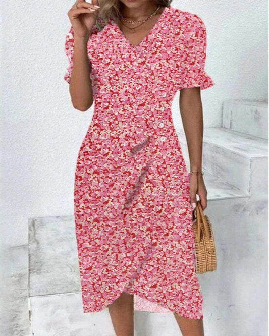 Floral Pleated Midi Dress V-Neck Puff Sleeve - P12 Hub Europe