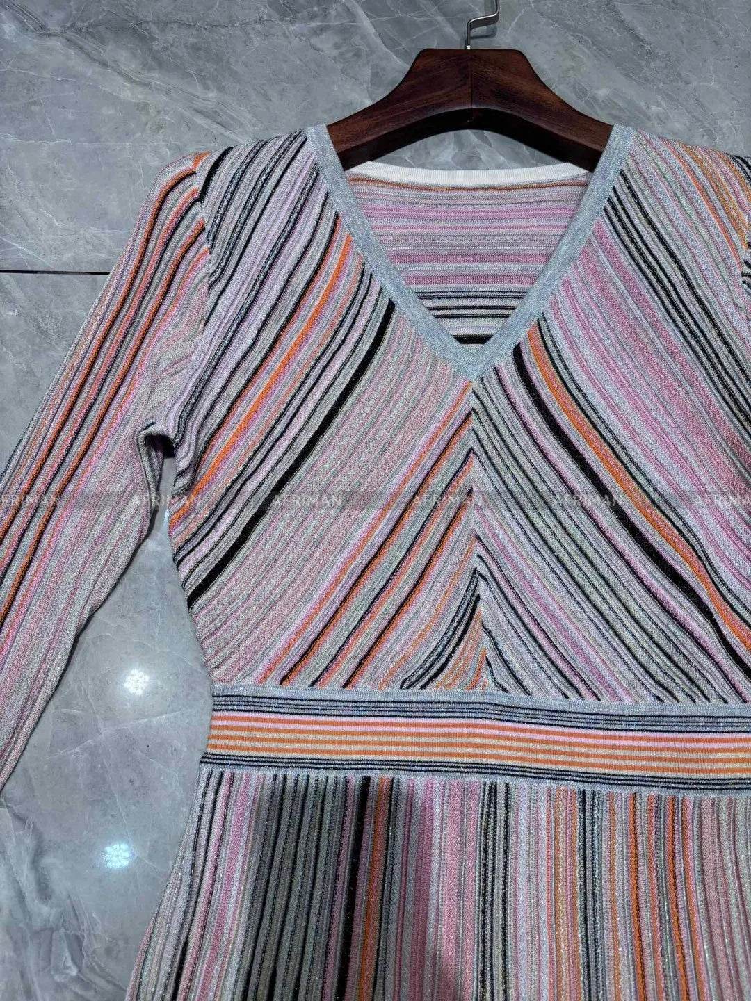 V-Neck Knit Dress - Silk Color Mosaic & Stripe Waist - P12 Hub Europe