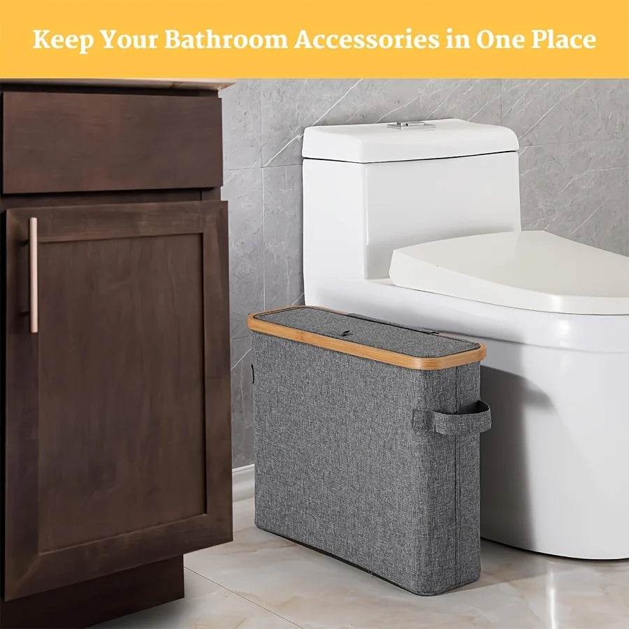 Bamboo toilet paper holder with lid - Self-contained bathroom organizer with handle, enclosed tissue storage box - P12 Hub Europe