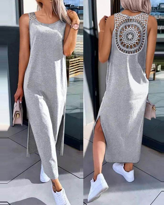 Casual Hollow-Out Slit Midi Dress Sleeveless Round Neck - P12 Hub Europe