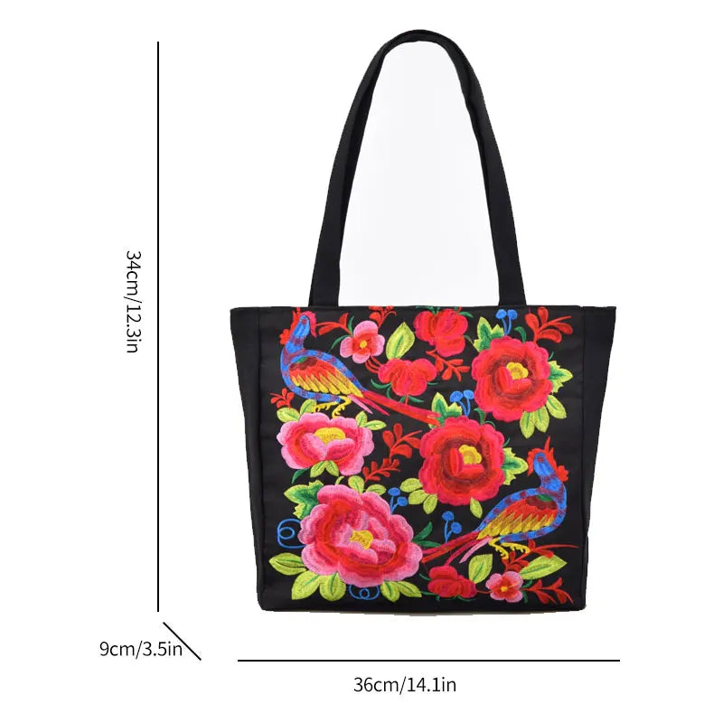 Ethnic Style Embroidery Shoulder Bag Large Capacity Literary Canvas Bag Retro Peony Tote Shopping Bag