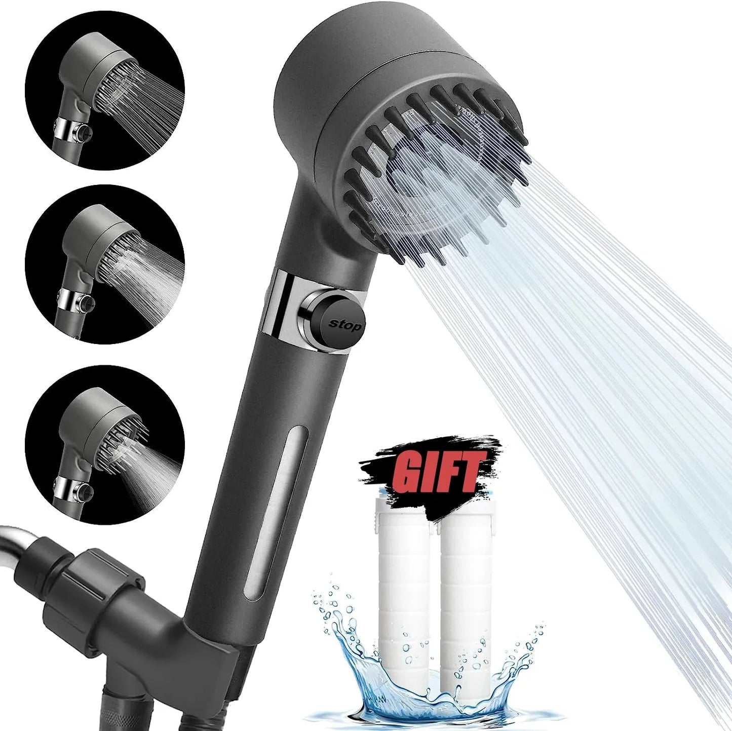 New Black Shower Head Rainfall High Pressure 3 Modes Adjustable Boost Filter Holder with Hose for Bathroom Accessories Sets