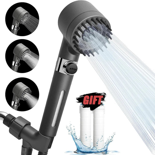 New Black Shower Head Rainfall High Pressure 3 Modes Adjustable Boost Filter Holder with Hose for Bathroom Accessories Sets