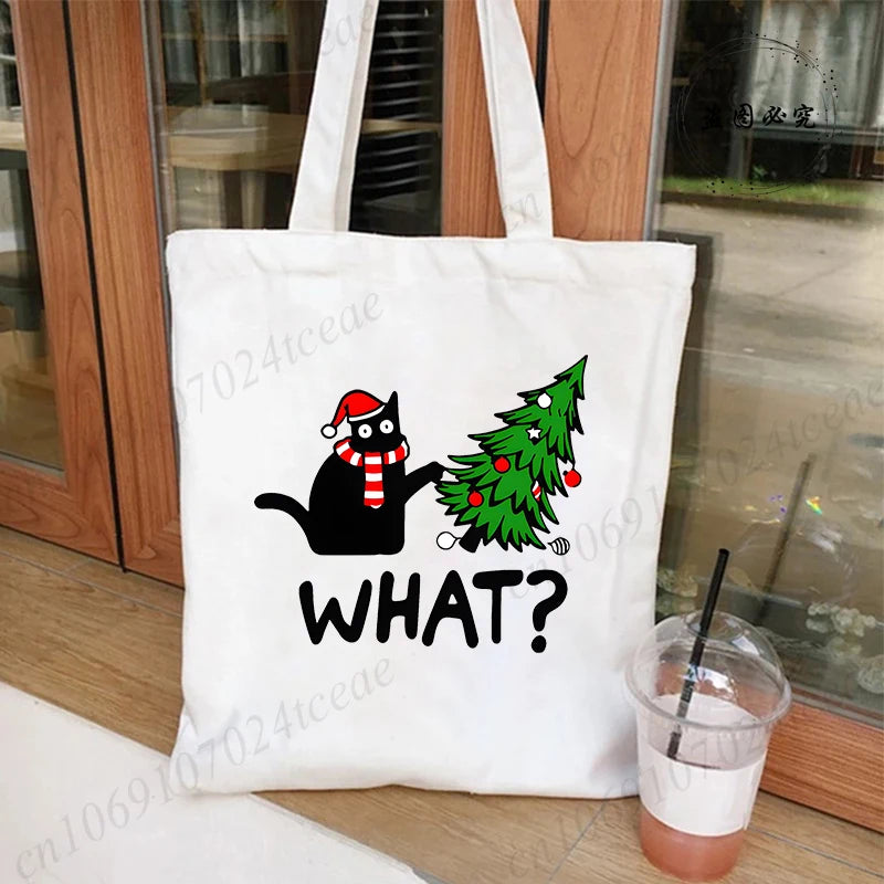 Black Cats Christmas Printed Shopping Bag Cartoon Canvas Tote Bag Eco Bag for Women Black Cats Christmas Reusable Tote Handbags