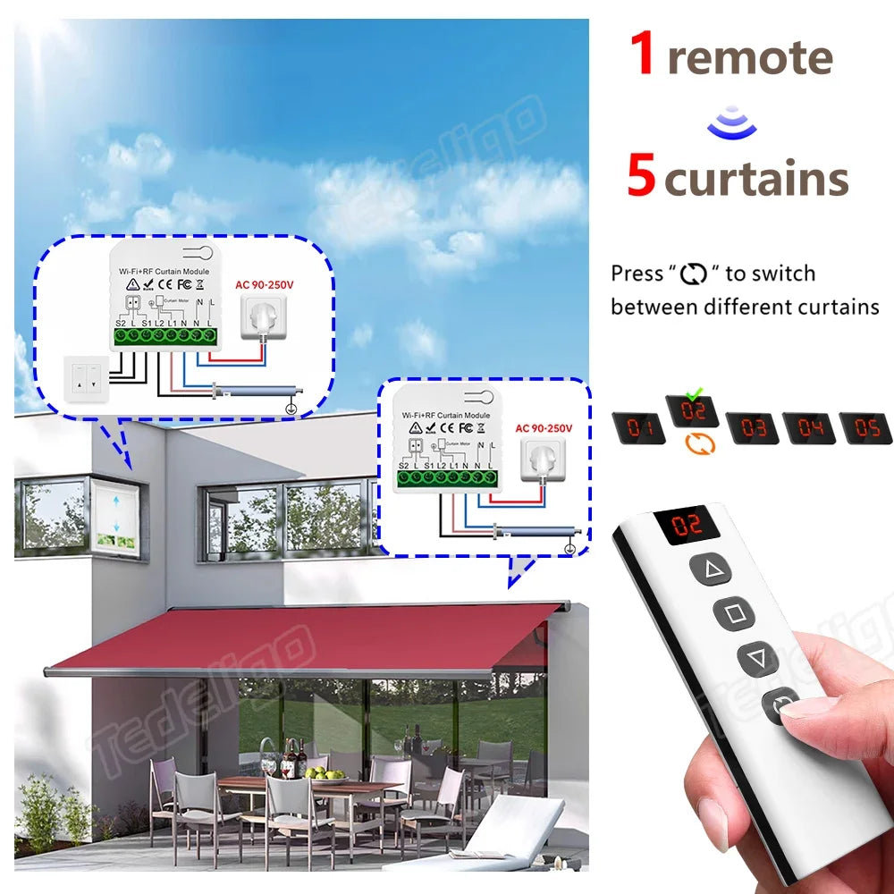 Tuya WiFi Smart Curtain Switch Electric Rolling Shutter App Voice Control Alexa Alice with RF 433 MHz 5CH Remote Control