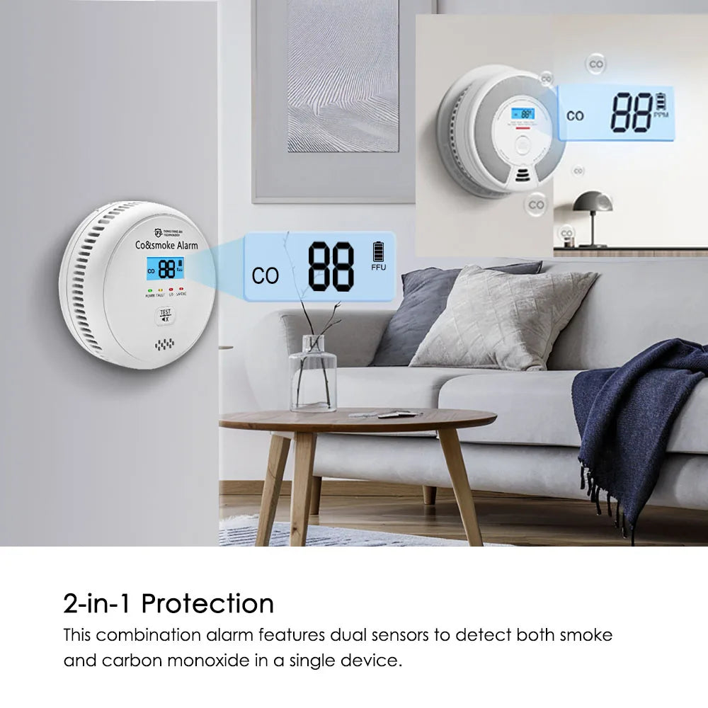 DFA 2 in 1 Standalone Smart Co & Smoke Detector Alarm Carbon Monoxide Parlor Room Kitchen Shop Fire 85 dB Sound Sensor Alert