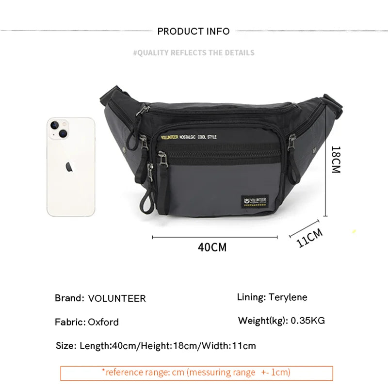 VOLUNTEER Chest Bags for Men Fashion Waterproof Climbing Cycling Running Phone Bag Man Casual Oxford Commuter Waist Bags1801-03