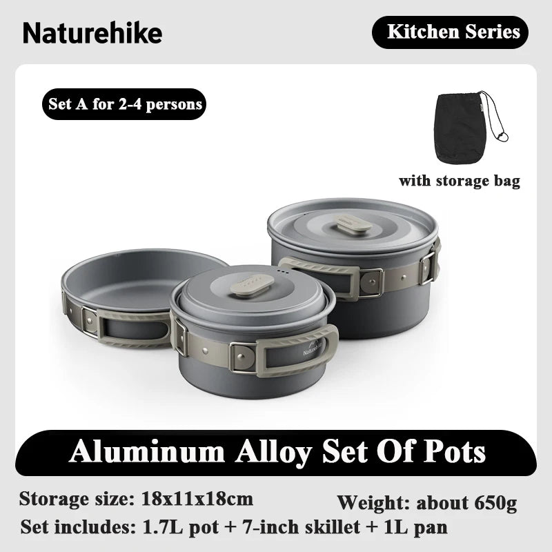 Naturehike Camping Pot Set 4-7 Persons Aluminum Alloy Cookware Pot Set Portable Outdoor Picnic Tableware Camping Cookware Kit