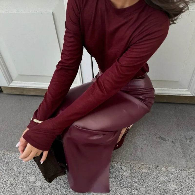 Women's Burgundy PU Slit Skirt - P12 Hub Europe
