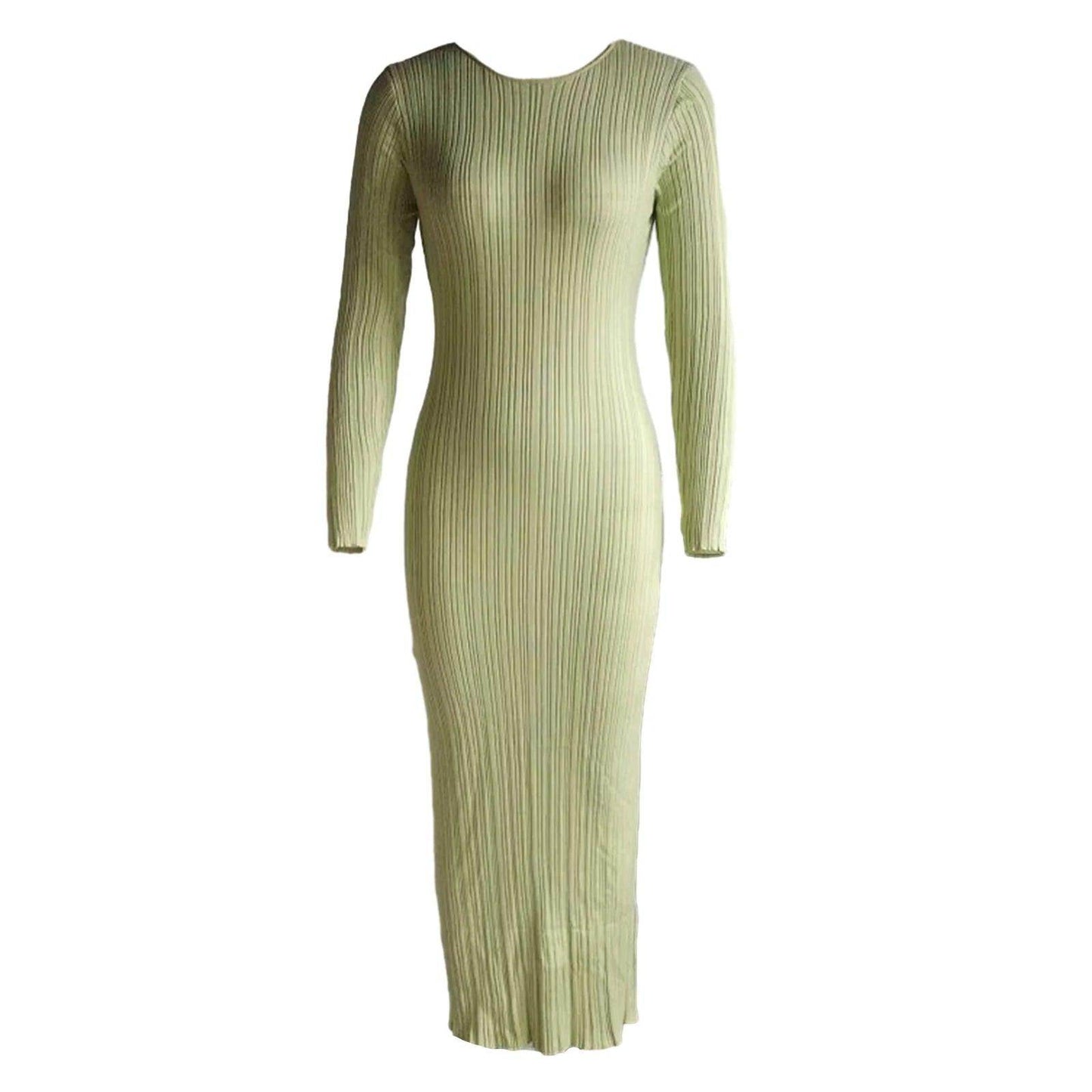 Solid Knit Long Dress Crew Neck Ribbed Slim Fit - P12 Hub Europe