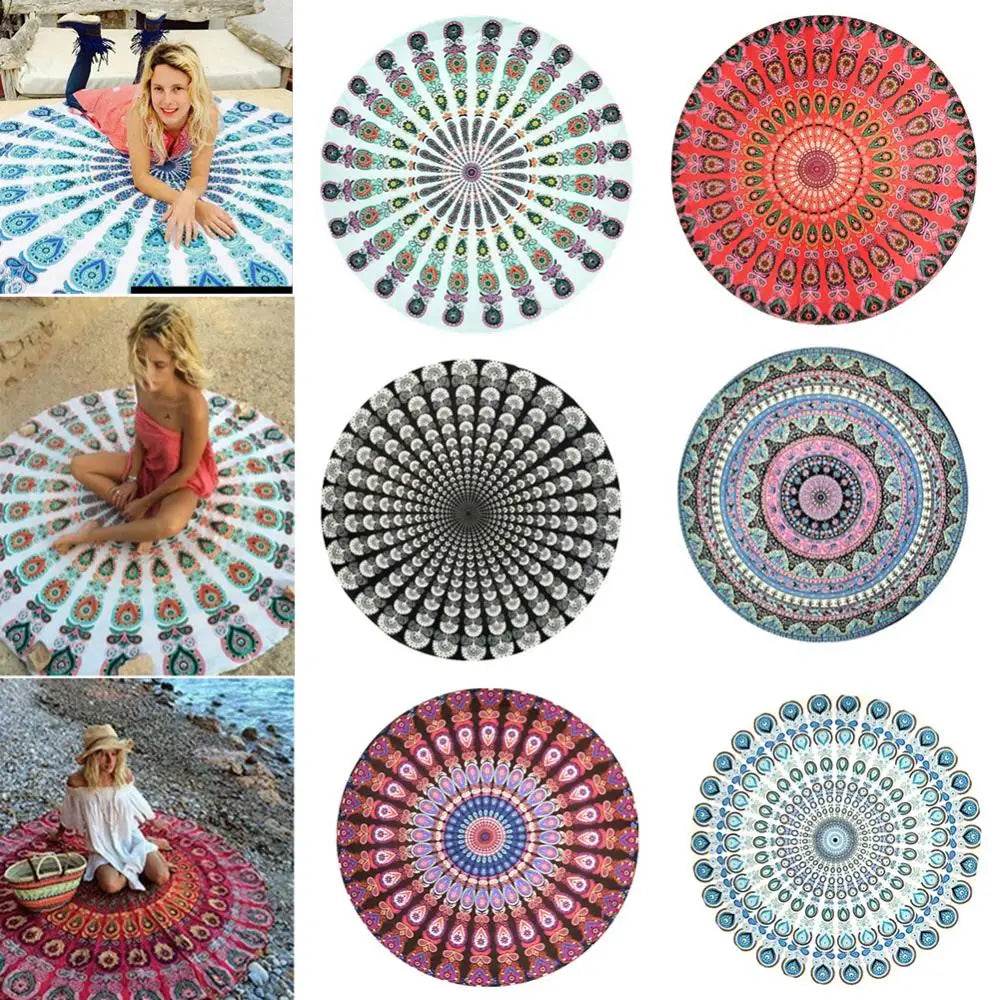Large Aldult Beach Towel Vintage Round Chiffon Anti-sunlight Shawl Beach Towel Outdoor Yoga Picnic Mat - P12 Hub Europe