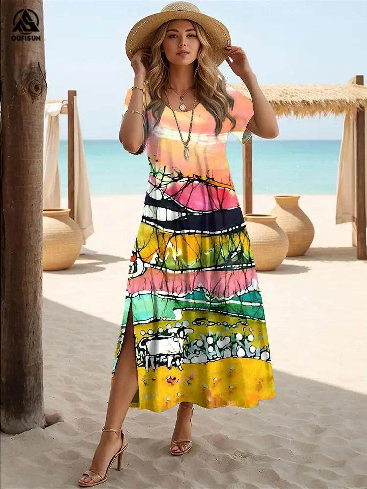 Marble Patchwork Boho Maxi Dress Slit Short Sleeve - P12 Hub Europe