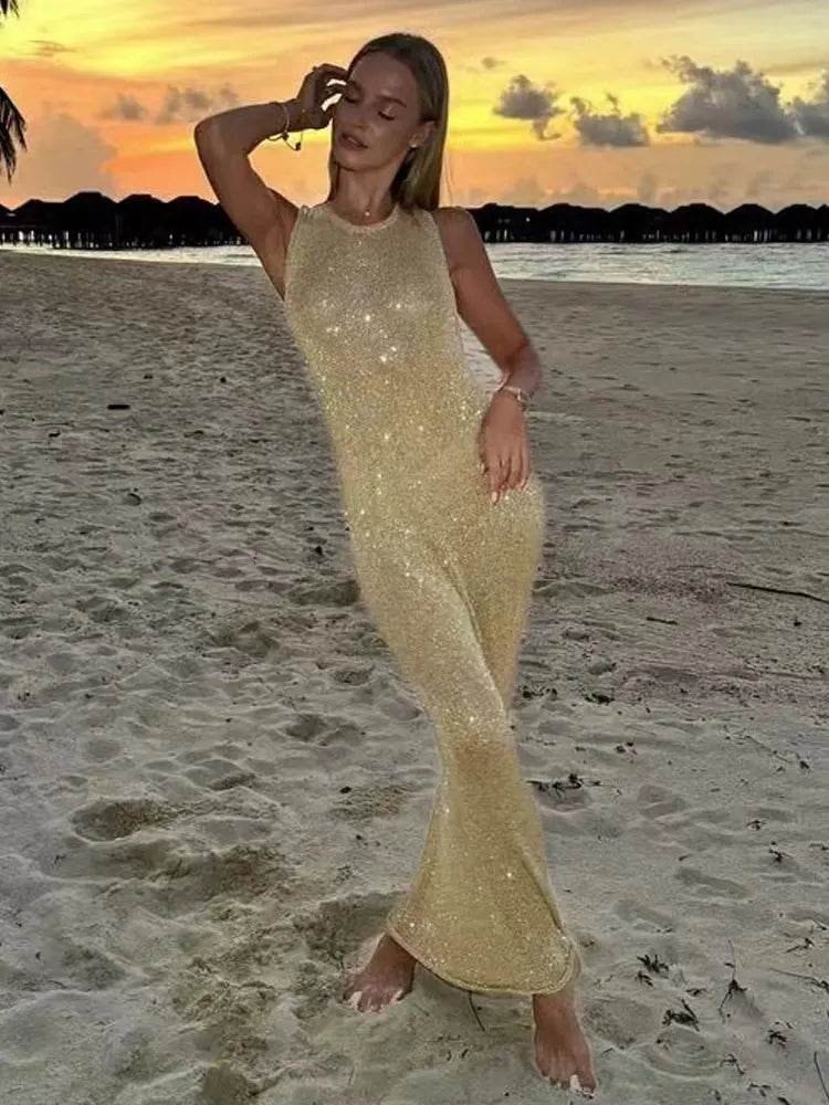 Glitter Backless Knit Tank Dress - Sexy Fishtail Maxi - P12 Hub Europe