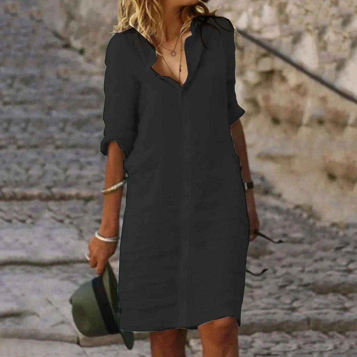 Cotton Linen Button Shirt Dress Casual V-Neck Pockets - P12 Hub Europe