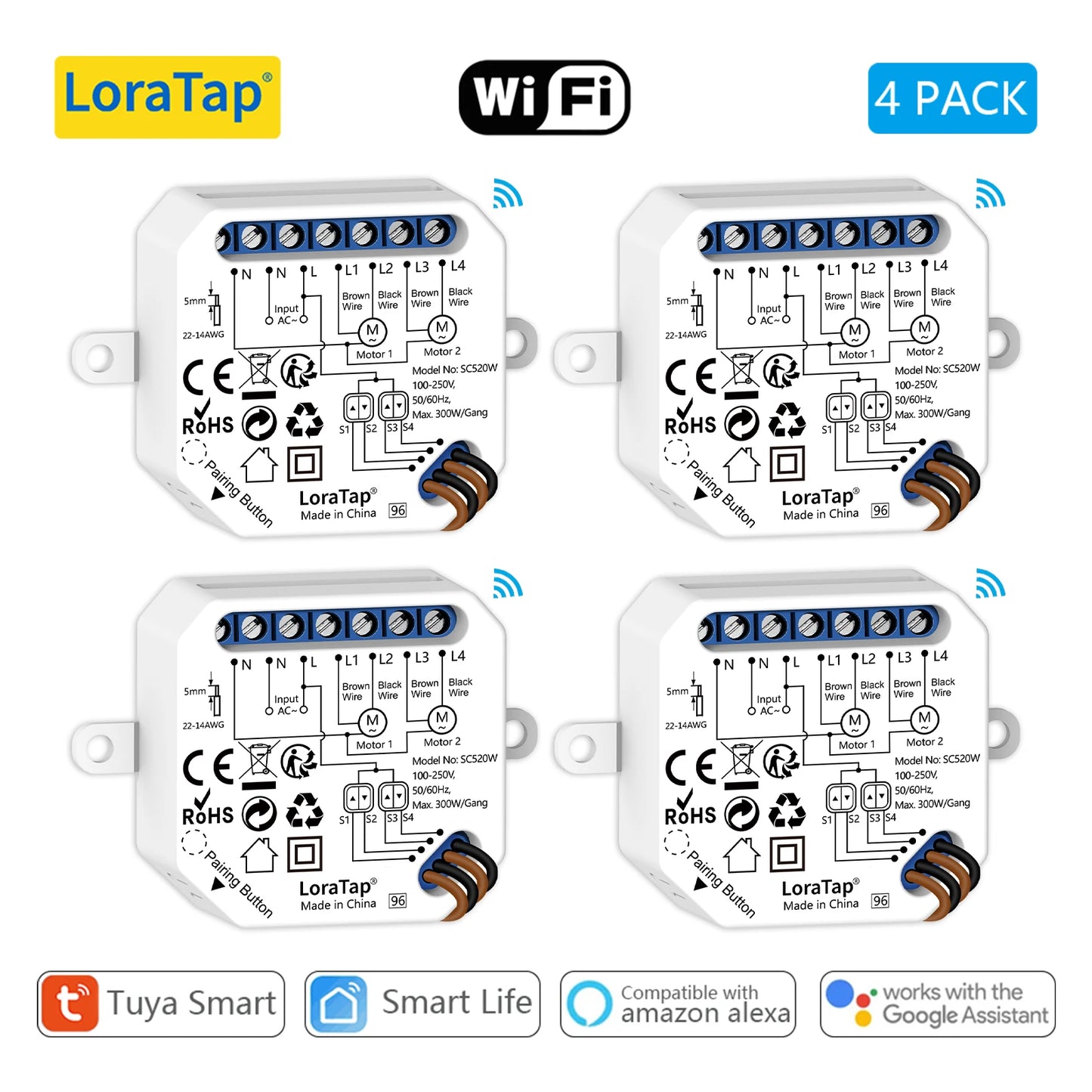 LoraTap Tuya Smart Life Double Curtain Blinds Switch Module for Roller Shutter Electric Motor Voice Control by Google Home Alexa