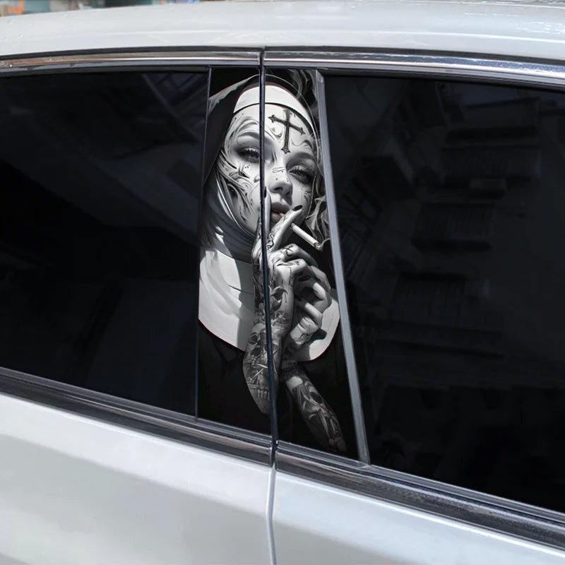 2pcs Smoking Nun Car Sticker Car B-Pillar Sticker DIY Car Door Pillar Decal Waterproof Decal Cover Scratched Decal Nun Sticker