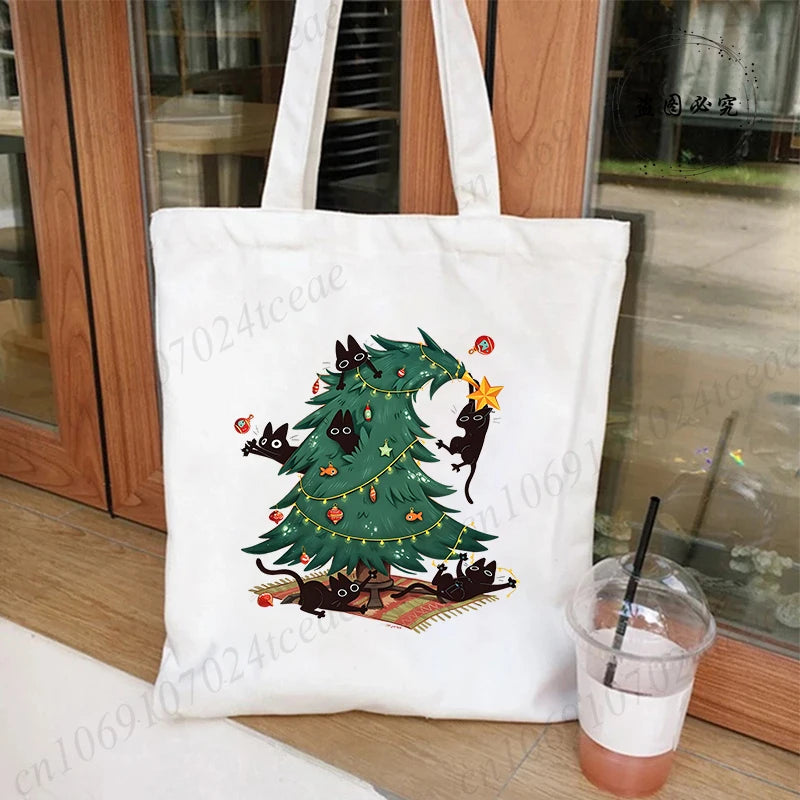 Black Cats Christmas Printed Shopping Bag Cartoon Canvas Tote Bag Eco Bag for Women Black Cats Christmas Reusable Tote Handbags