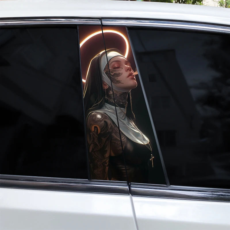 2pcs Smoking Nun Car Sticker Car B-Pillar Sticker DIY Car Door Pillar Decal Waterproof Decal Cover Scratched Decal Nun Sticker