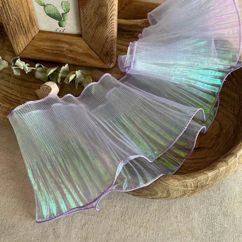 1 Yard Blue Lace Fabric Pleated Mermaid Effect Laser Neon Luster For Women Dress 15CM Wide - P12 Hub Europe