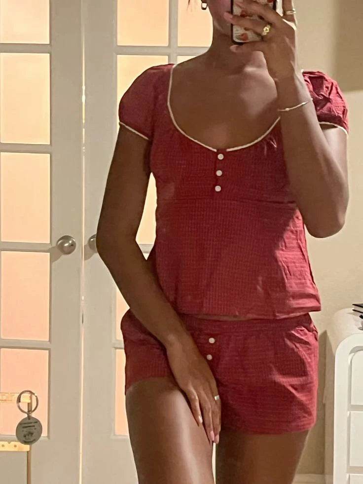 Red Plaid Puff Sleeve Shorts - P12 Hub Europe